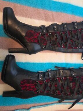 Gothic Lace Knee High Platform Boots Black Red Lace Buckle Heels EU 39.5 US 8
